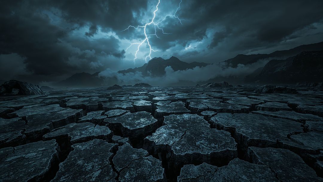 Dramatic lightning strikes over earthquake desolate cracked earth