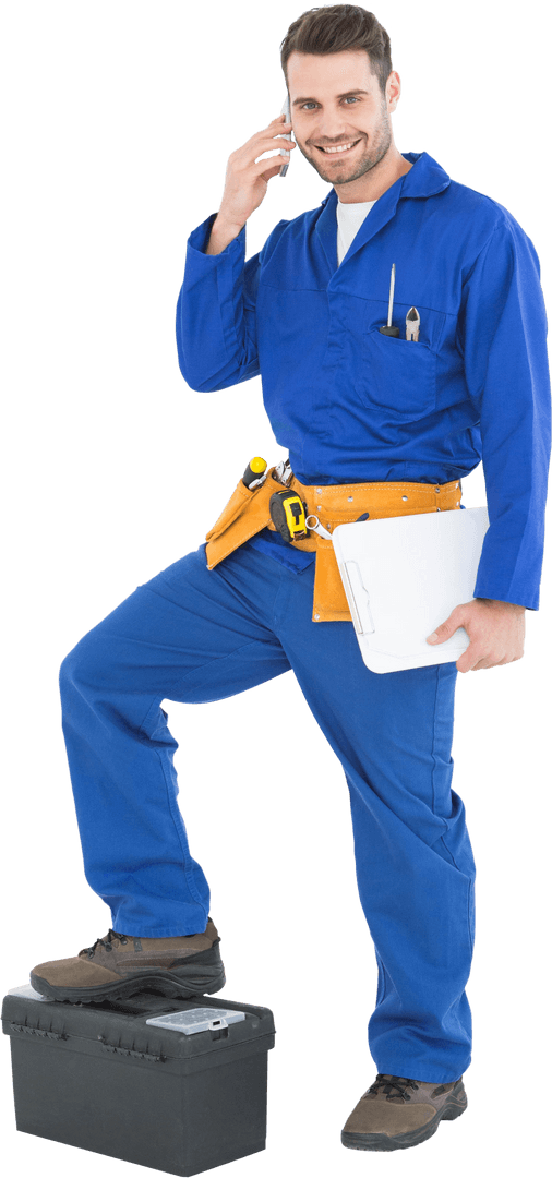 Smiling Repairman with Toolbox in Blue Jumpsuit Transparent Background