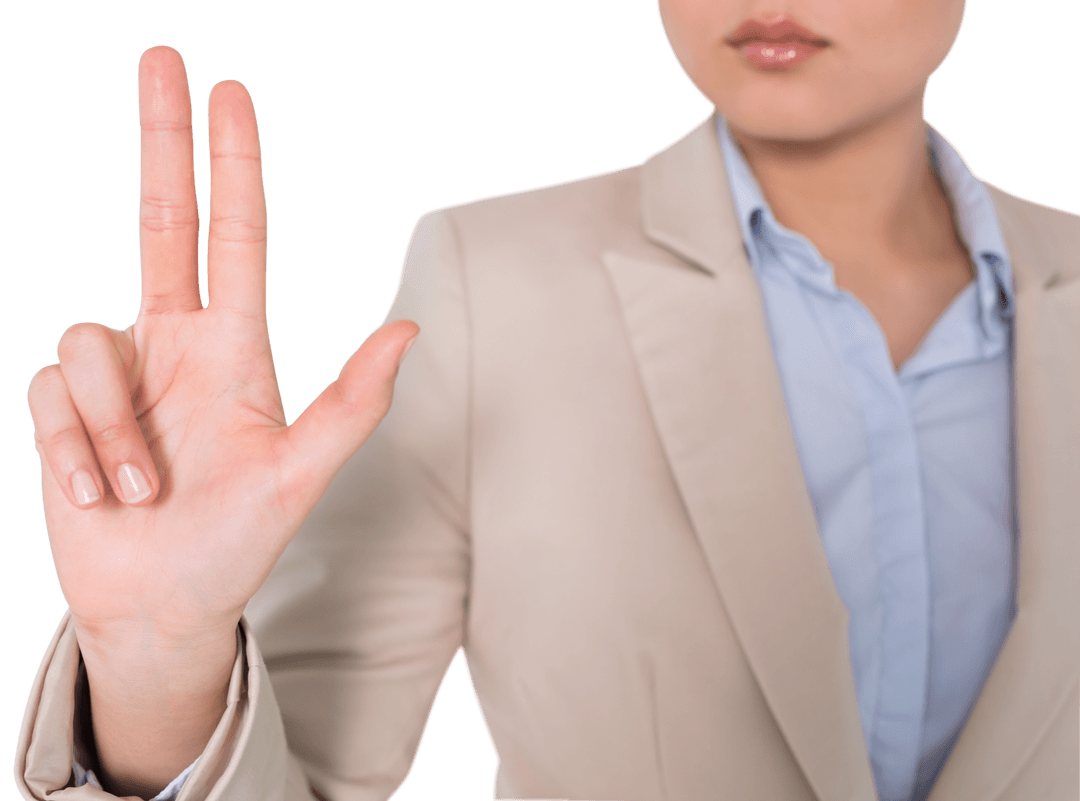 Serious Professional Businesswoman in Suit Showing Three Fingers with Transparent Background