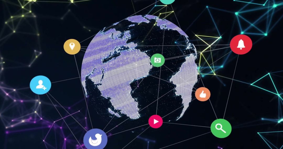 Futuristic Global Network with Digital Icons in Dark Space
