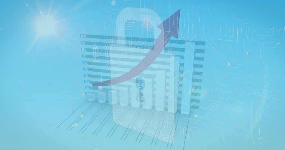Cybersecurity Progress with Rising Bar Chart and Digital Circuit