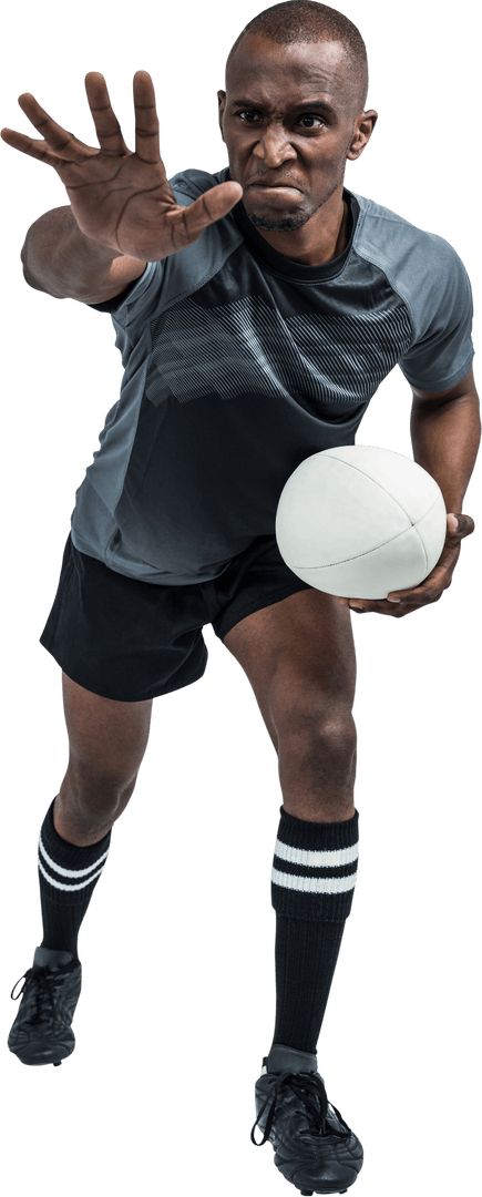 Aggressive Rugby Player Gesturing with Ball Transparent Background