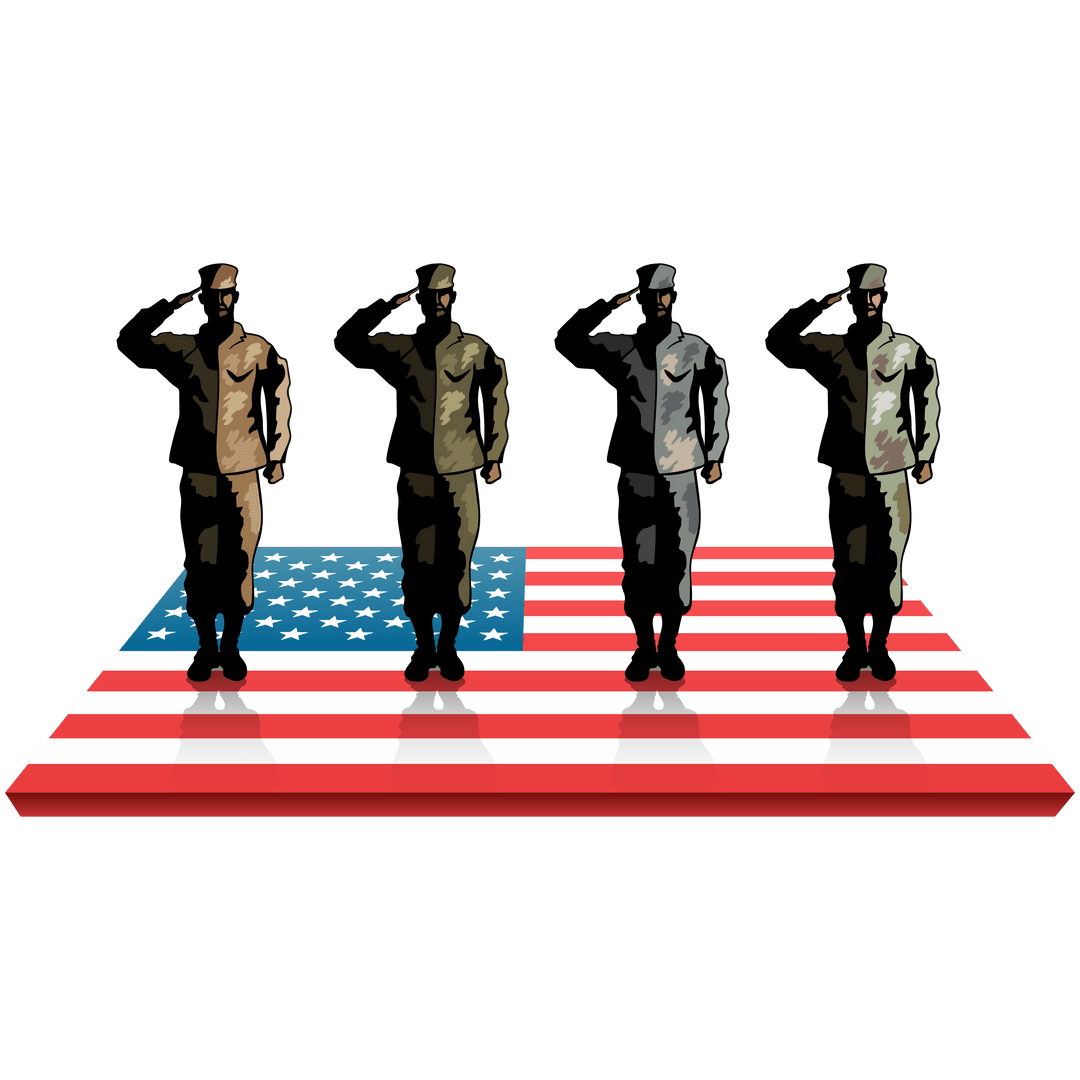 Saluting Soldiers Silhouette on USA Flag Transparent Background