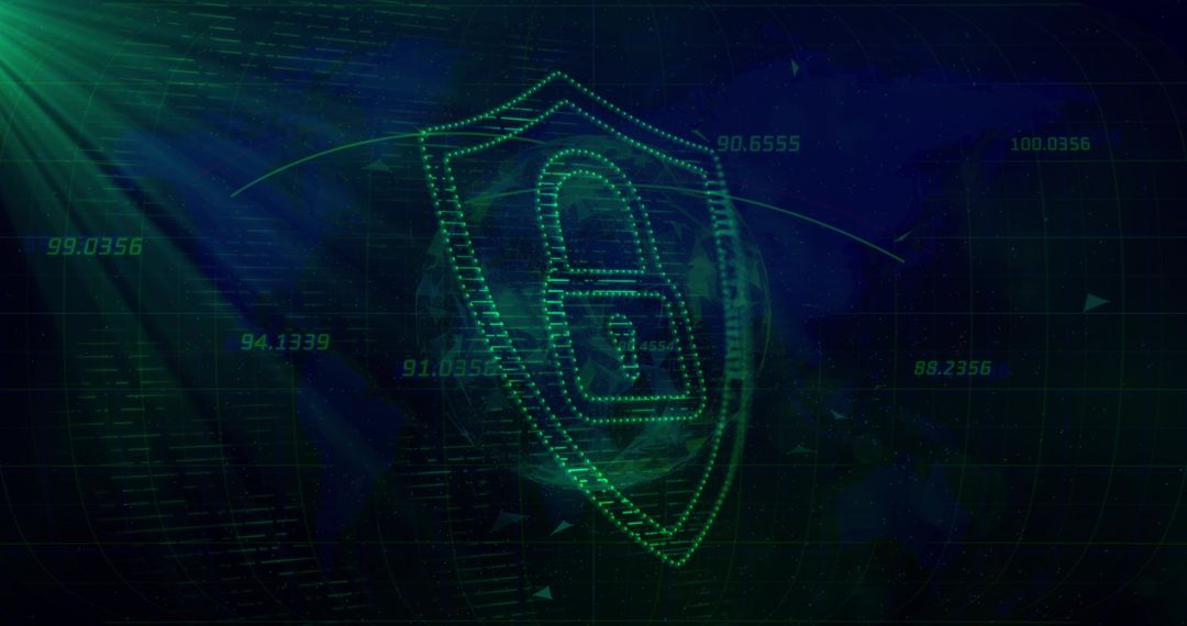 Neon dotted shield with padlock representing global cybersecurity, encryption and data privacy