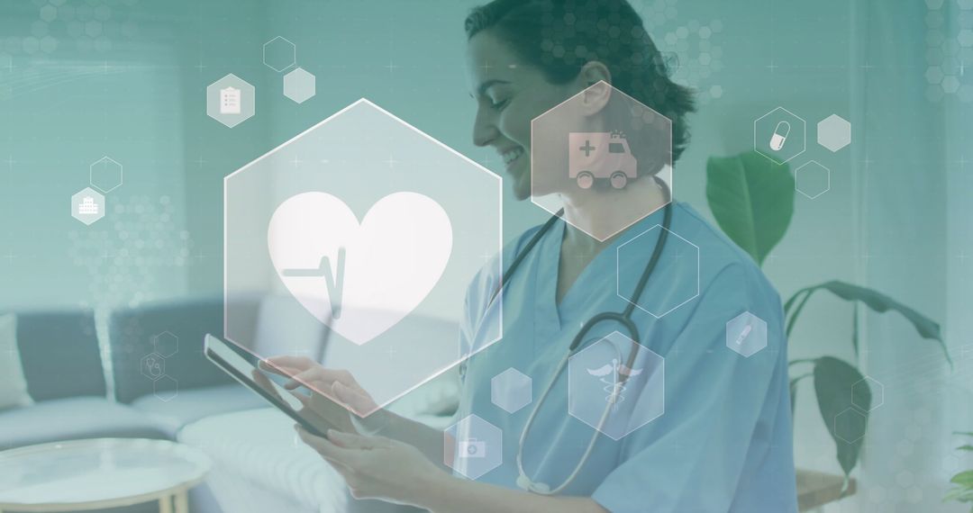 Smiling Doctor Using Tablet with Medical Icons Overlay