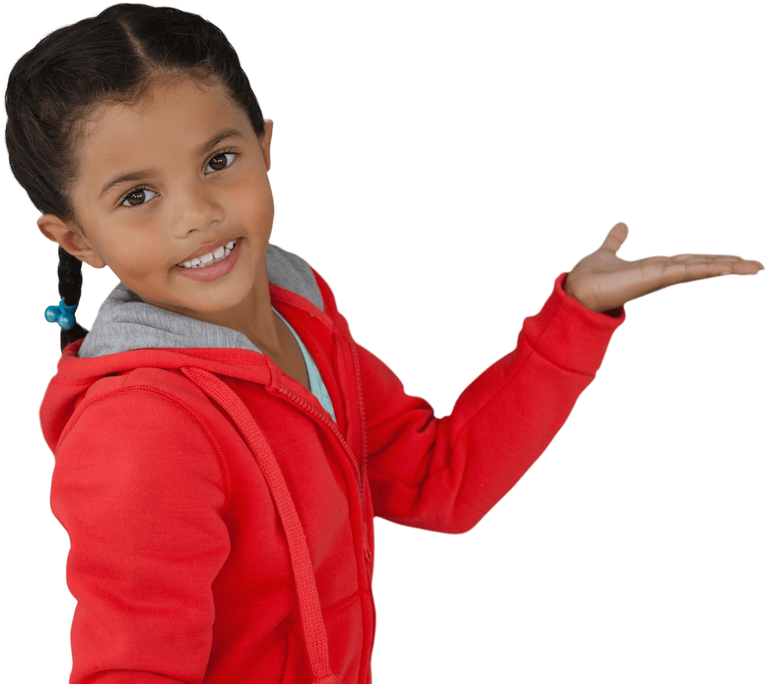 Smiling Girl in Red Hoodie with Open Hand Gesture on Transparent