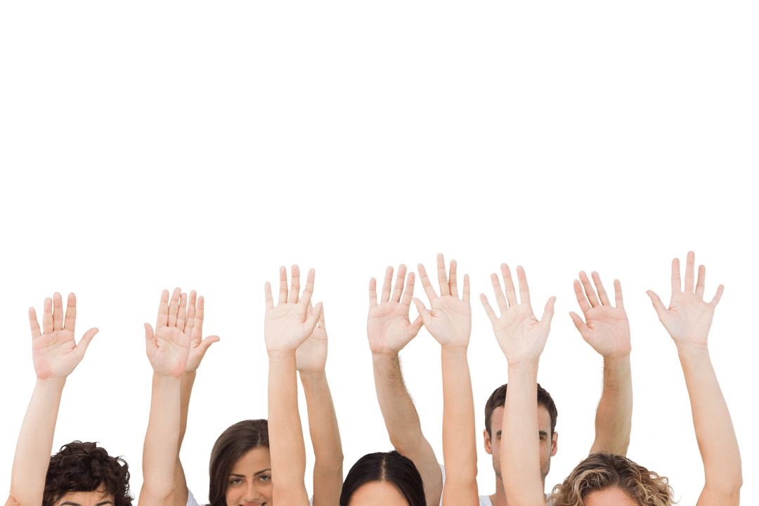 Diverse Group of People Raising Hands on Transparent Background