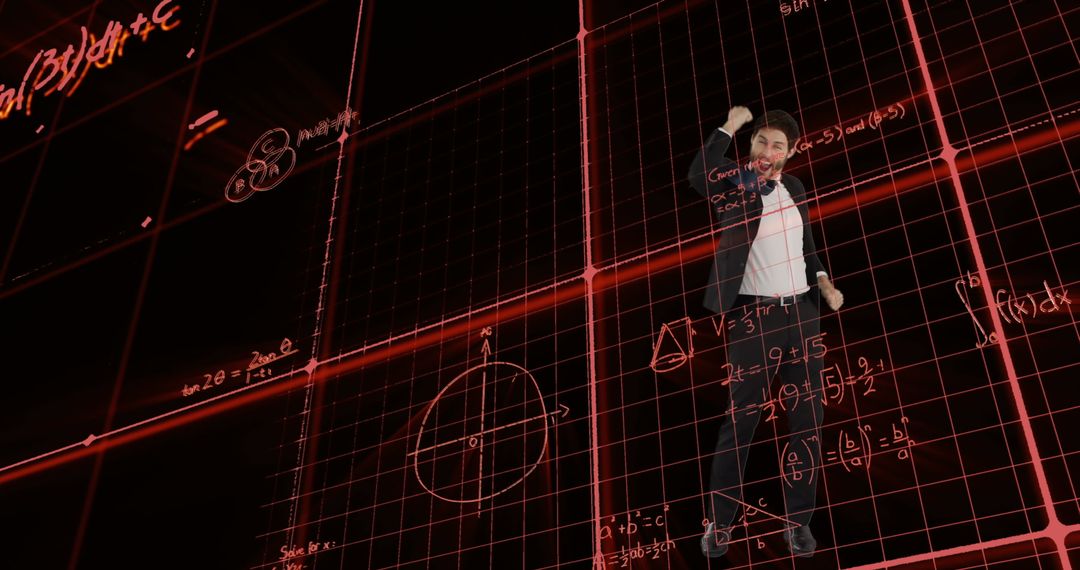 Excited Businessman Jumping Among Digital Mathematical Formulas