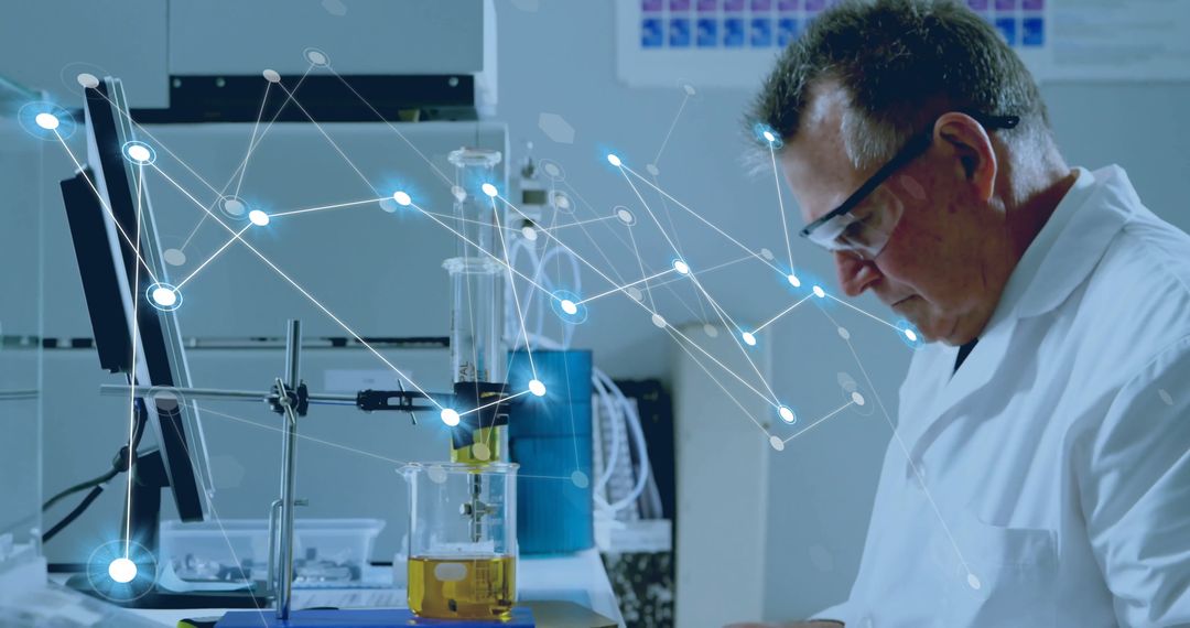 Scientist Analyzing Data with Network Overlay in Lab
