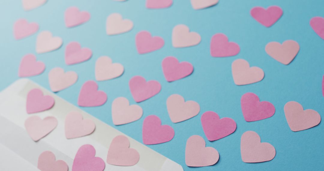 Paper Hearts Scattered From Envelope on Blue Background