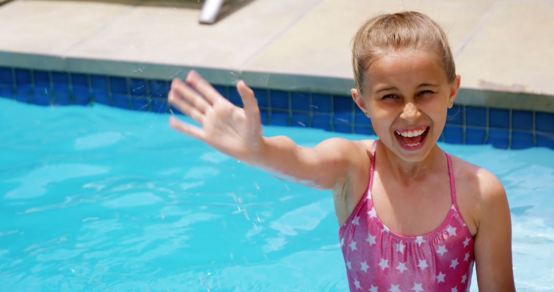 Joyful Girl Waving and Laughing in Swimming Pool on Summer Day - Free Images, Stock Photos and Pictures on Pikwizard.com