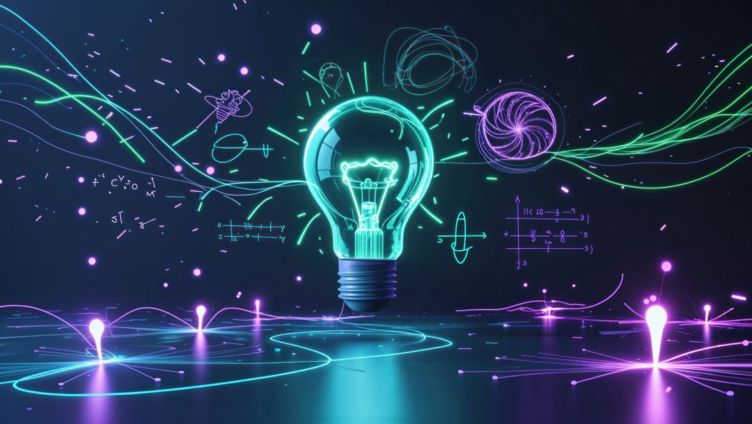 Futuristic Neon Light Bulb with Mathematical Graphics
