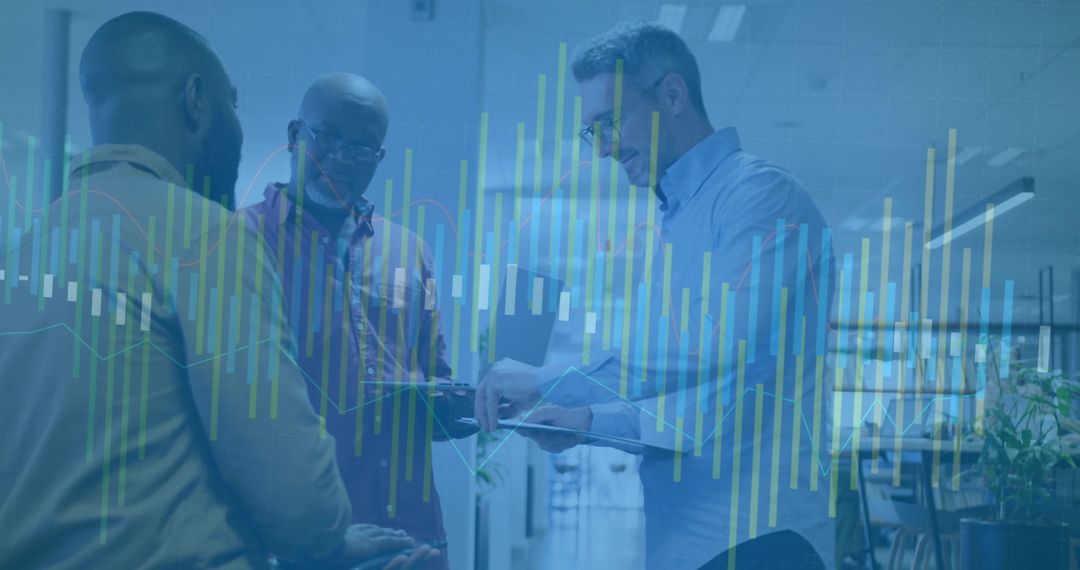 Business Professionals Collaborating with Digital Analytics in Modern Office