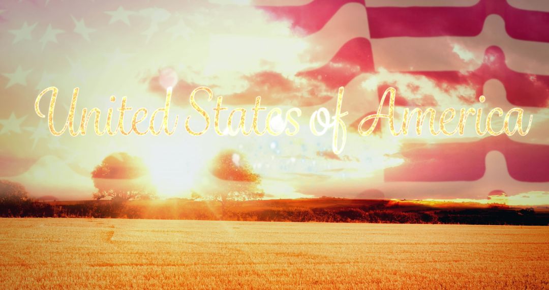 Sunset Over Field with American Flag and Text Overlay