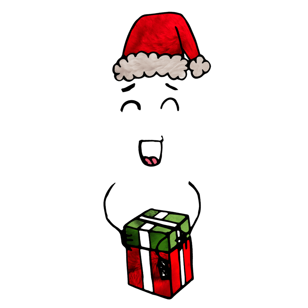 Smiling Figure with Christmas Hat and Gifts on Transparent