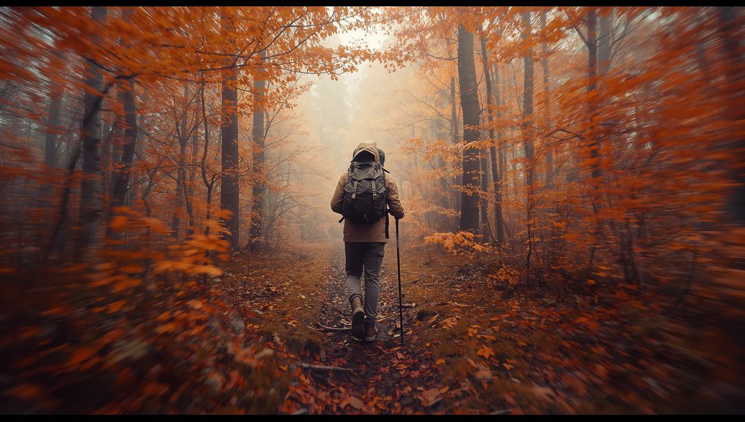 Adventurous Hiker Traveling Through Foggy Autumn Forest