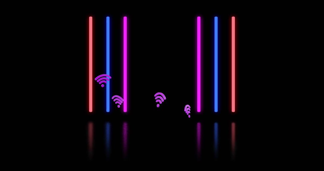 Glowing Neon Light Trails with WiFi Symbols on Black Background