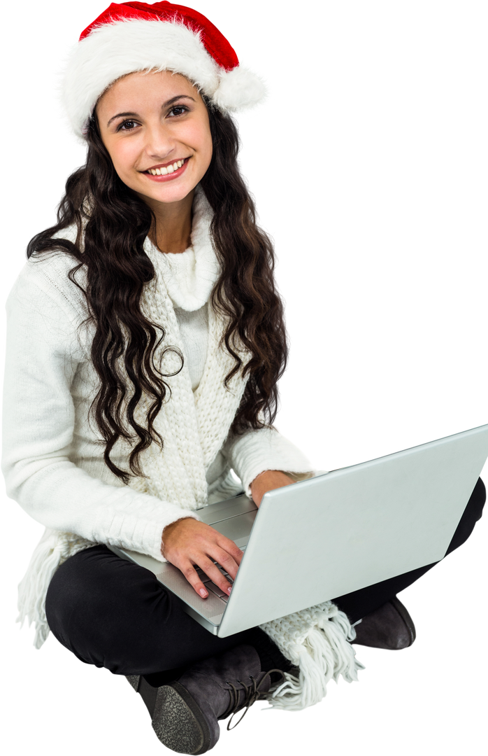 Smiling Woman in Santa Hat Using Laptop with Transparent Background - Download Free Stock Images Pikwizard.com