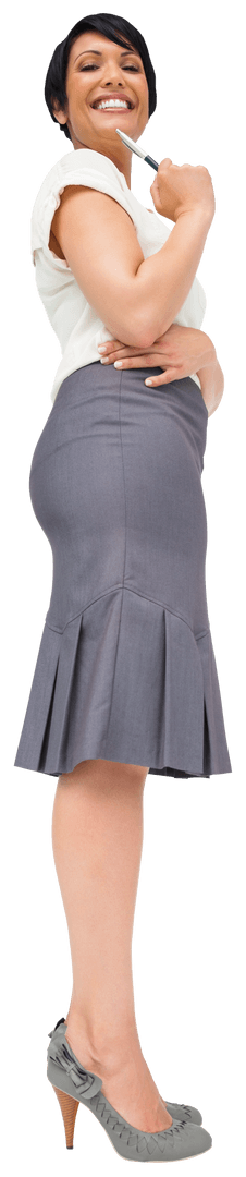 Smiling Businesswoman Holding Pen Vibrantly on Transparent Surface