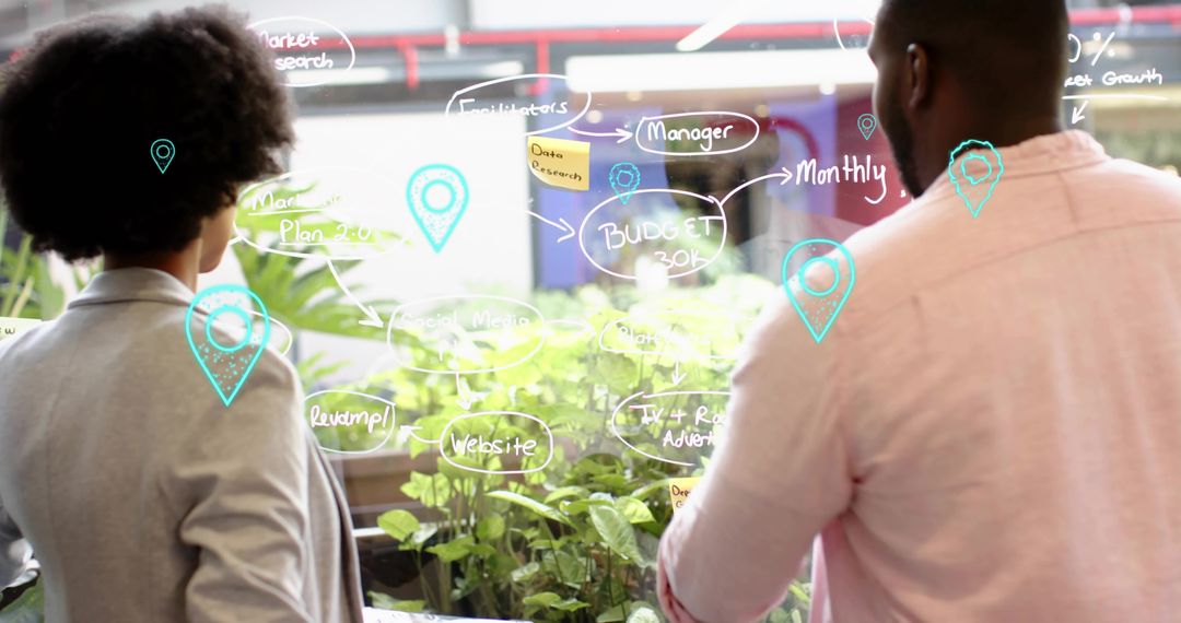 Collaborating at Glass Board with Flowchart and Location Pins for Marketing Strategy