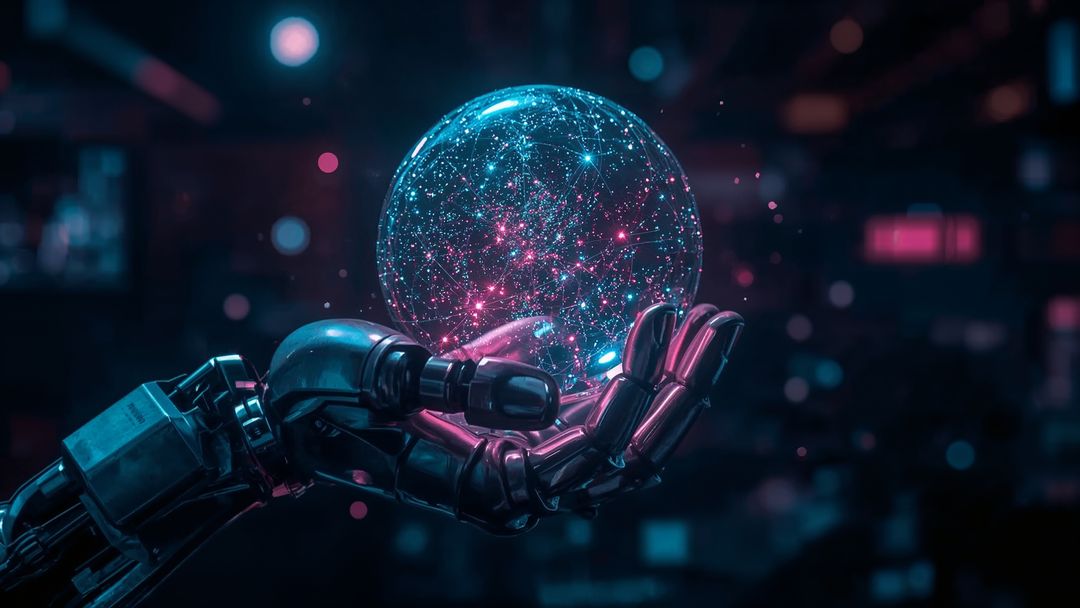 Robotic Hand Holding Glowing Orb in High-Tech Environment