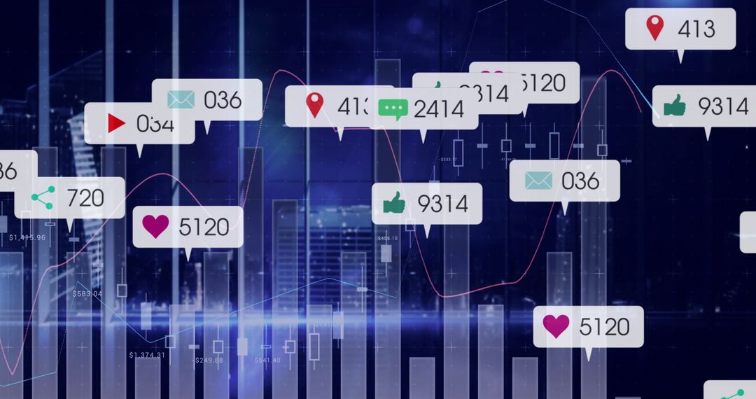 Digital Analytics Over High-Tech Night Skyline with Floating Icons