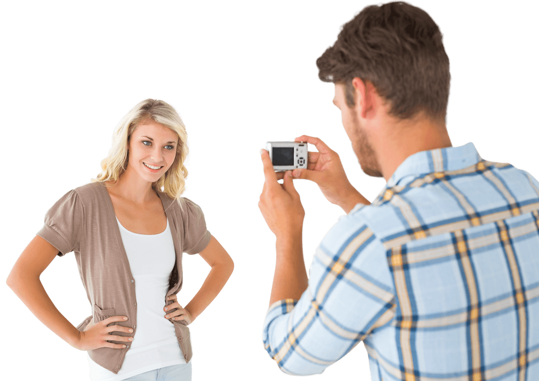 Man Taking Photo of Smiling Girlfriend with Transparent Background