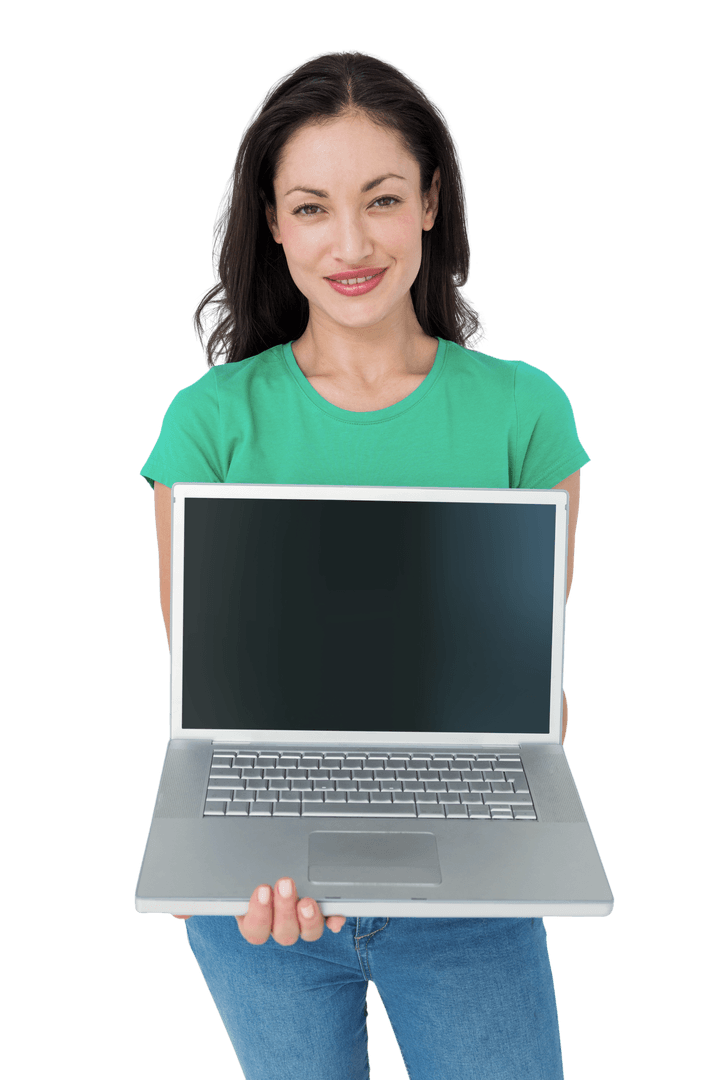 Smiling Woman Holding Laptop with Transparent Background Vector