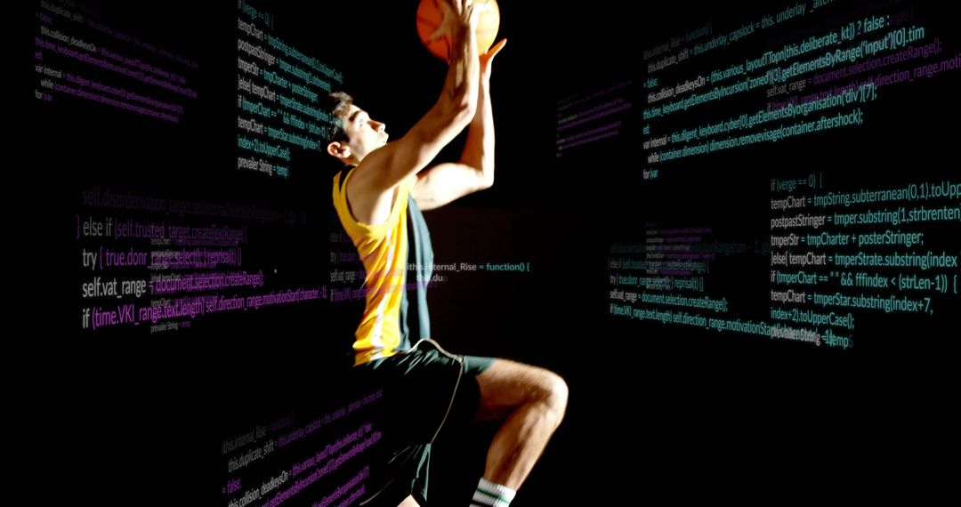 Dynamic Basketball Athlete in Futuristic Code Environment