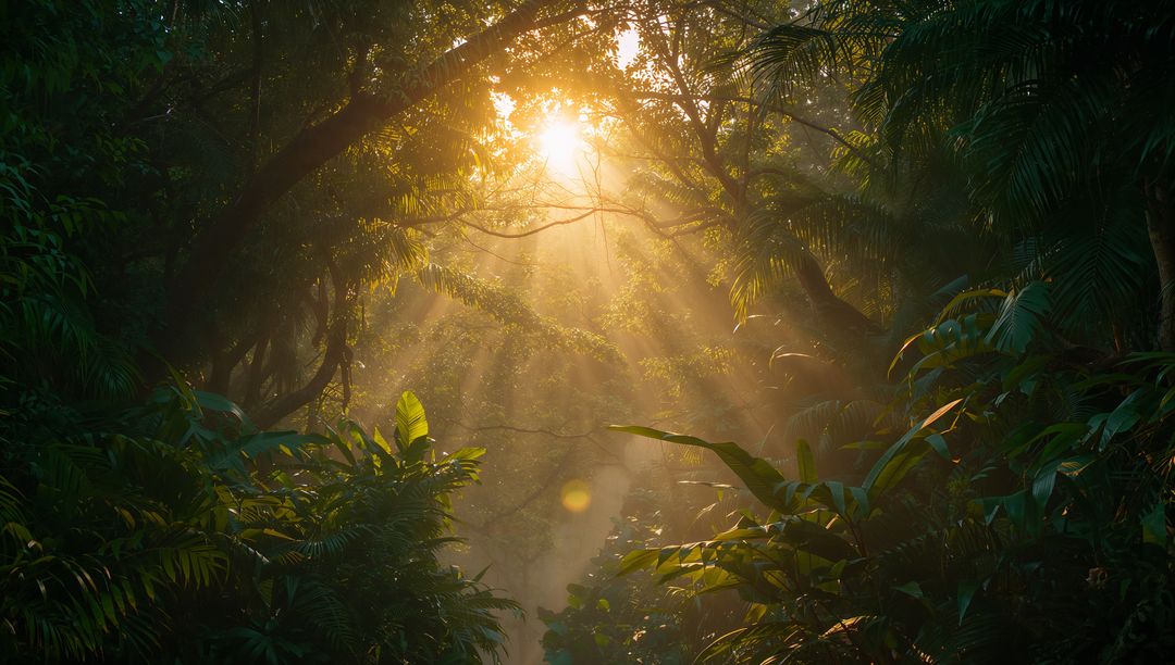 Mystical Sunbeams Shining Through Misty Jungle Canopy