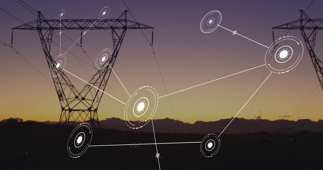 Conceptual Digital Connections Over Power Lines at Sunset