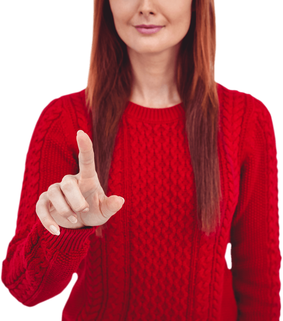 Woman in Red Sweater Pointing on Transparent Background