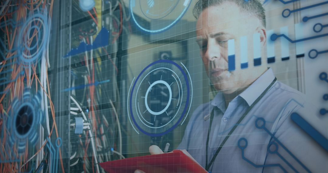 Focused Professional Analyzing Digital Data on Transparent Screen