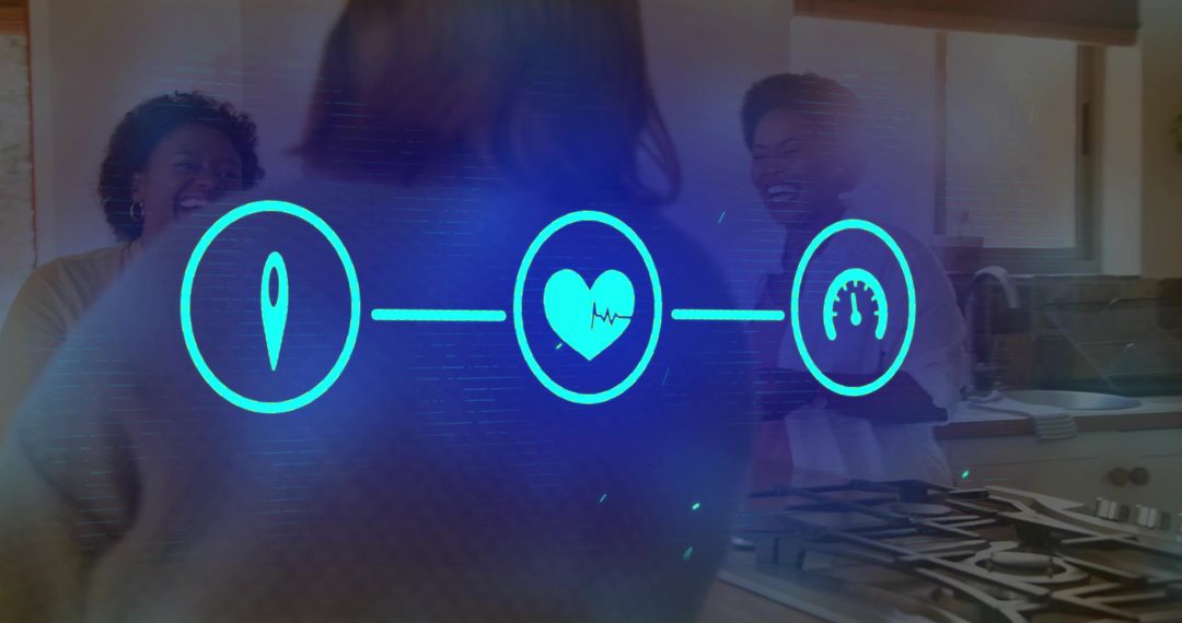 Friends chatting in kitchen with smart wellness HUD showing heart monitor, tracker and gauge