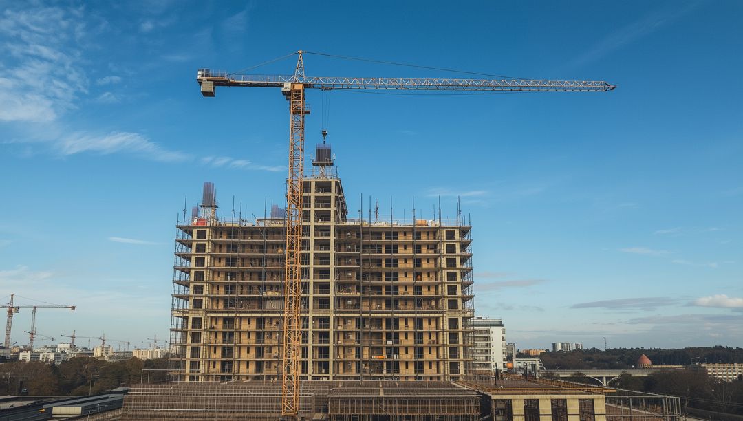 Skyscraper Construction with Tower Crane Under Blue Sky