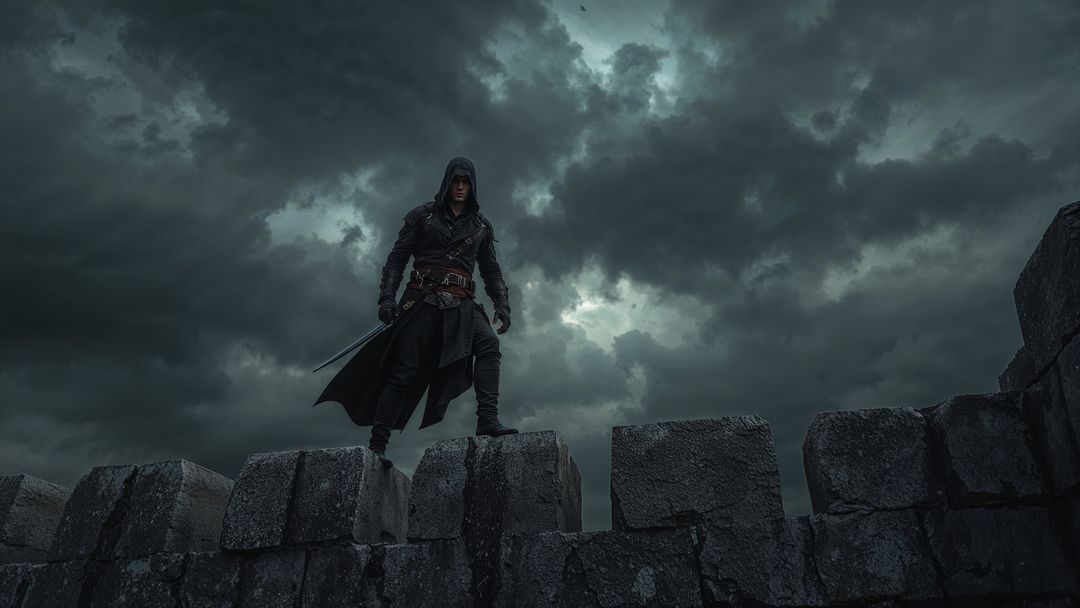 Hooded assassin warrior watching darkening storm from fortress