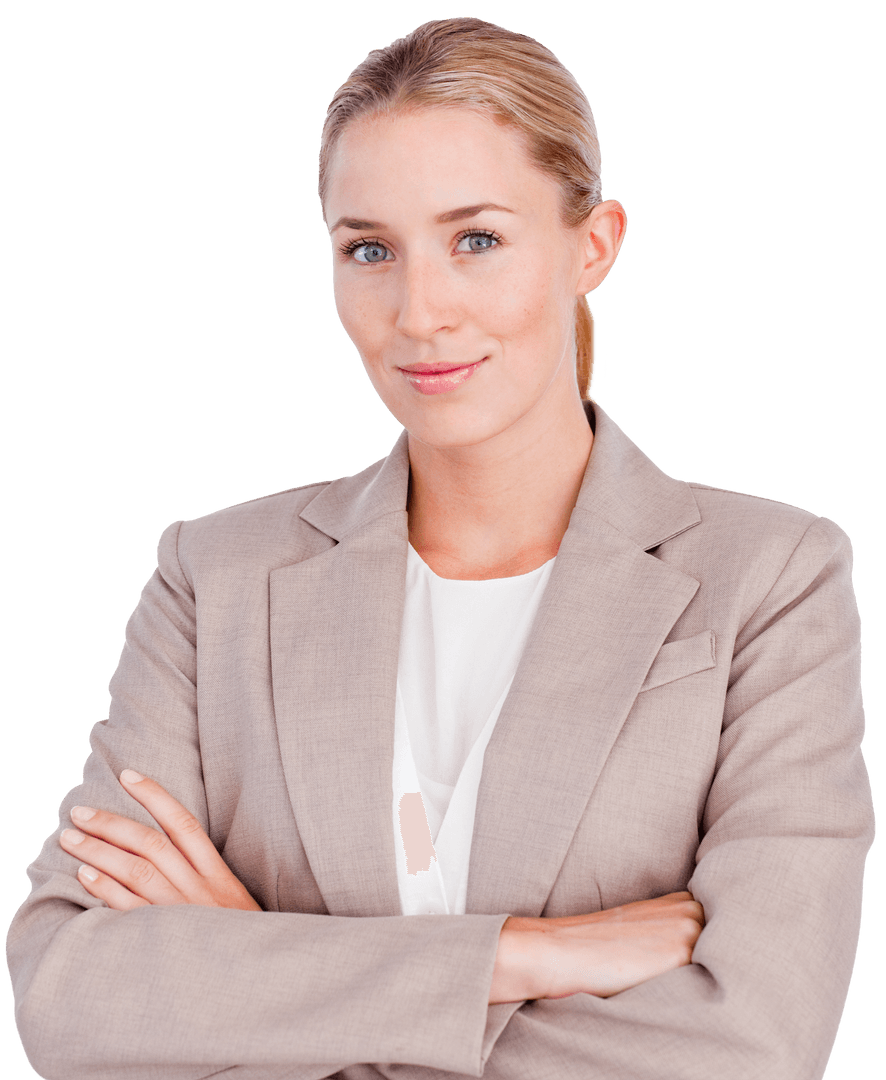 Transparent Confident Businesswoman with Folded Arms Smiling