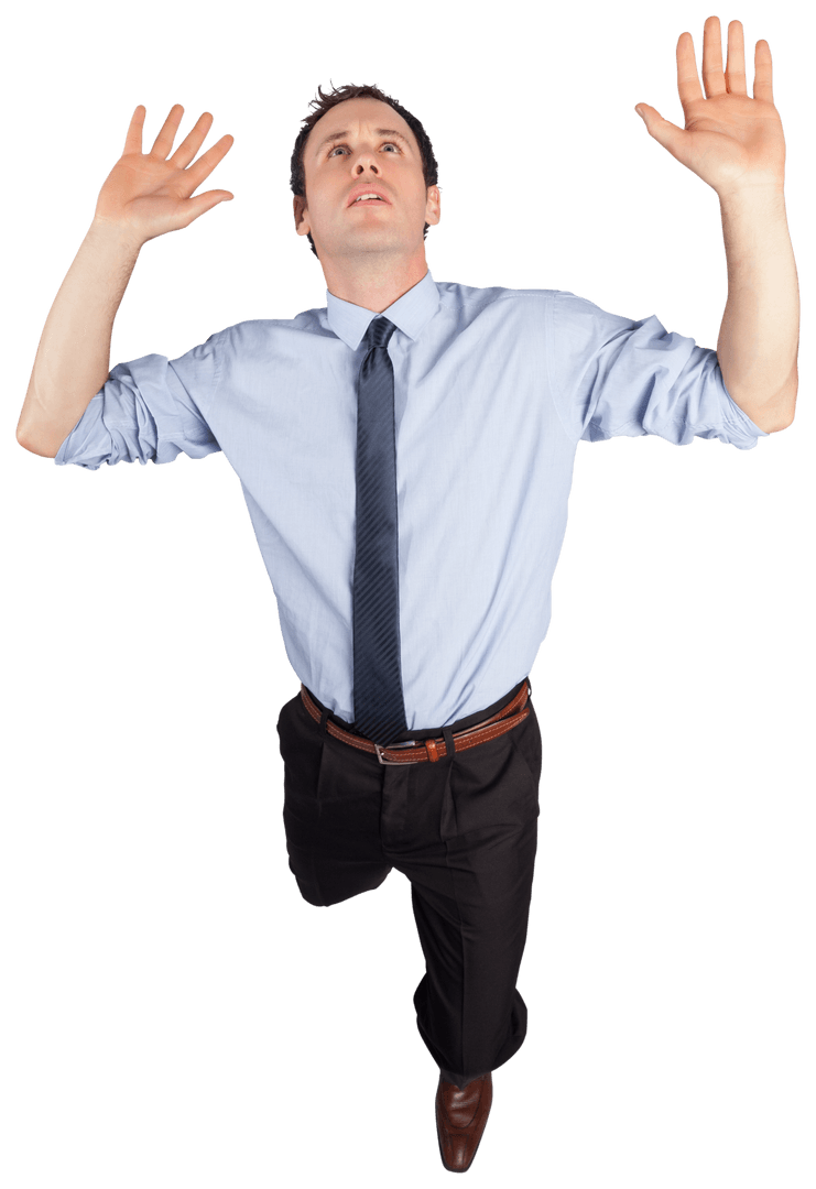 Businessman Posing with Arms Raised on Transparent Background