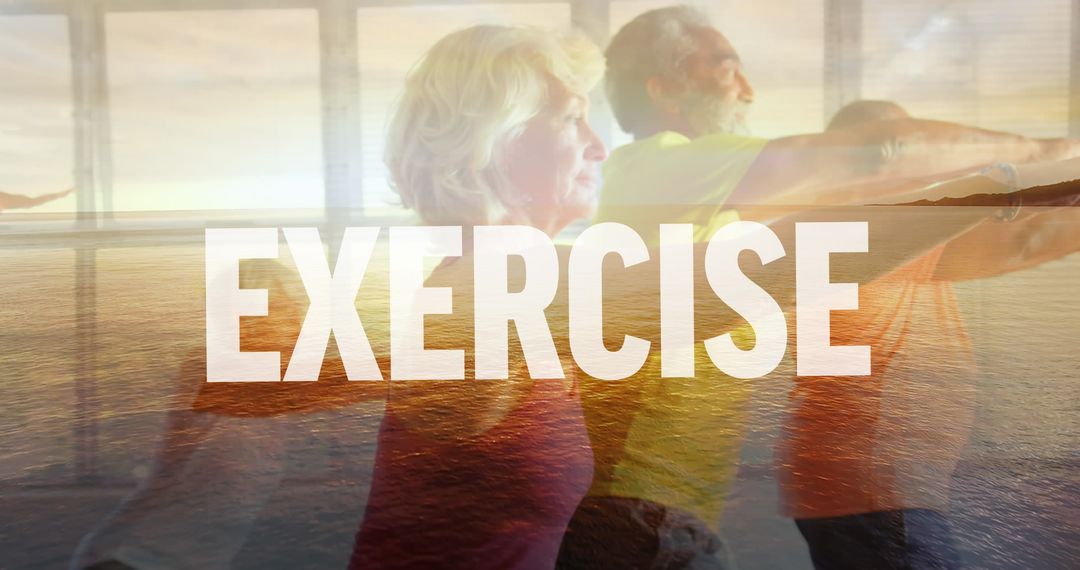 Seniors Enjoying Exercise with Serene Ocean View Overlay