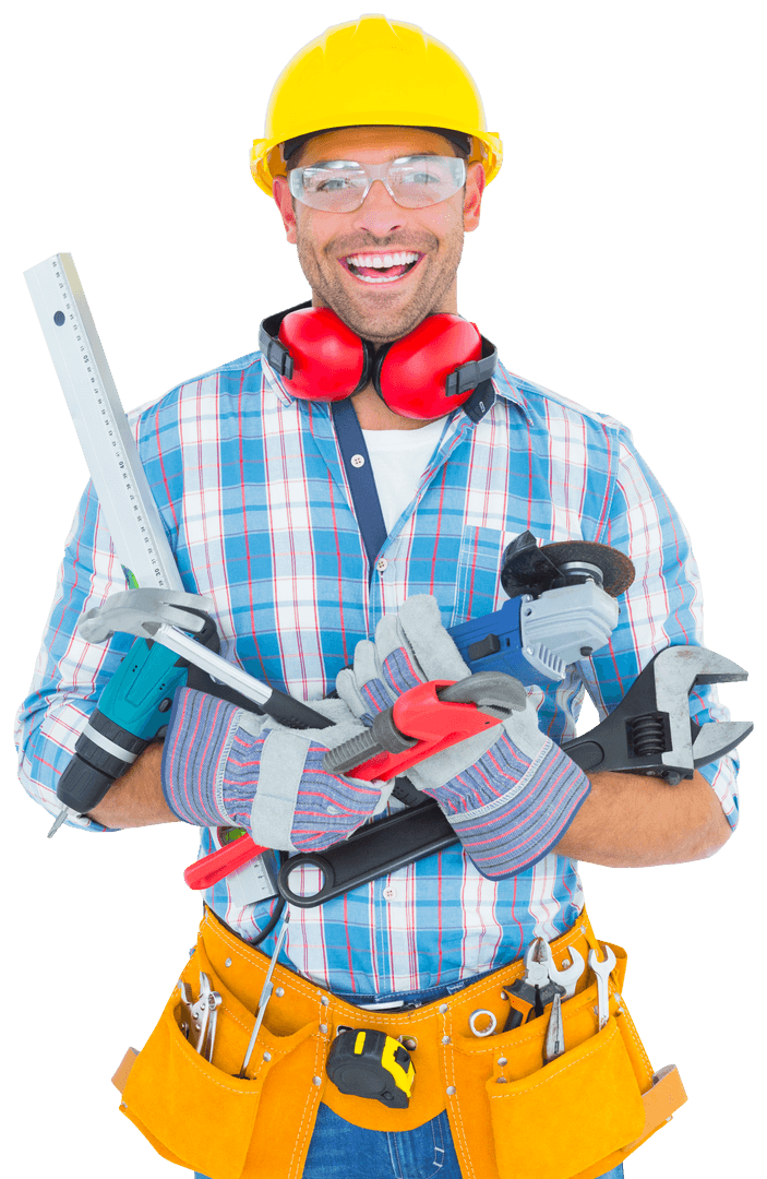 Transparent background smiling construction worker with tools