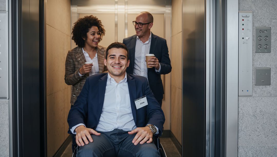 Business Professionals Chatting in Elevator with Coworker Using Wheelchair