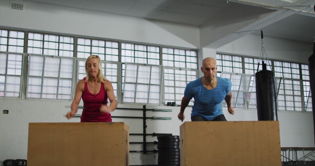 Mature couple exercising with box jumps in fitness gym - Free Images, Stock Photos and Pictures on Pikwizard.com