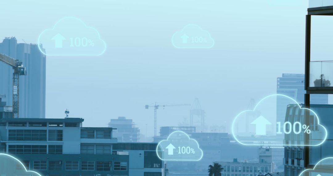 Global Digital Interface with Cloud Icons Over Modern Cityscape