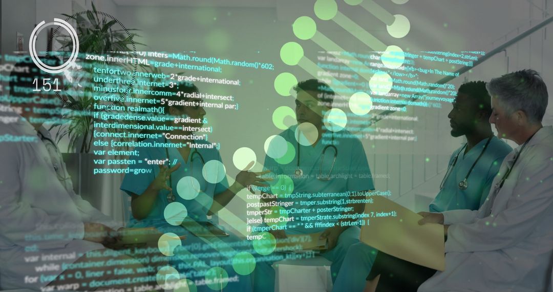 Medical Team Consulting in Meeting Room with Digital Data Overlay