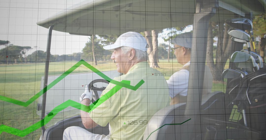 Golfers Driving Cart with Green Chart Overlay Showing Progress