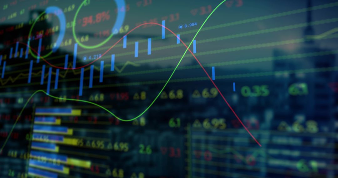 City Skyline with Market Data Dashboard and Metrics