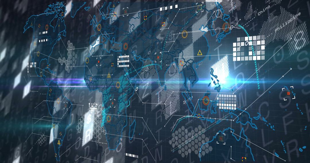 Futuristic World Map Digital Interface with Analytics Overlay