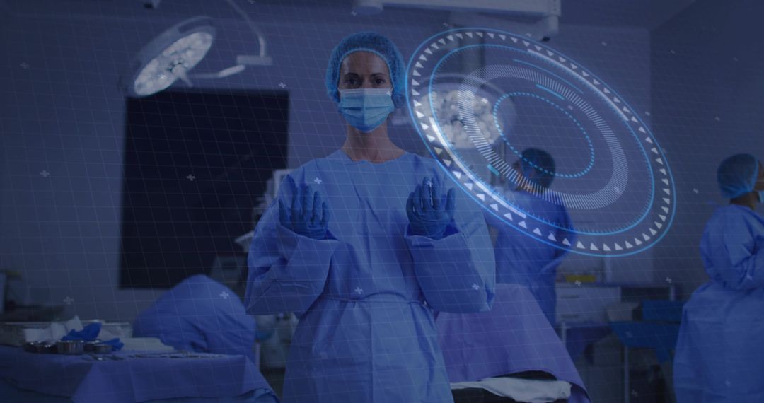 Masked surgeon in OR projecting holographic surgical interface for advanced surgery