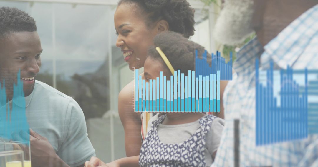 Multigenerational family gathering sharing juice and laughter with blue analytics overlay at home