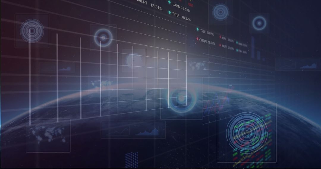 Digital Earth Globe with Futuristic HUD Overlays and Data Visualization